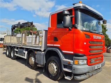 SCANIA G450 8X4 DAY EURO 6 CAGED DROPSIDE REAR CRANE 2 Seats Alloy Body Day cab Steel Susp 25ft Diesel - RED  - CN18XKX - 2 Door Dropside Body
